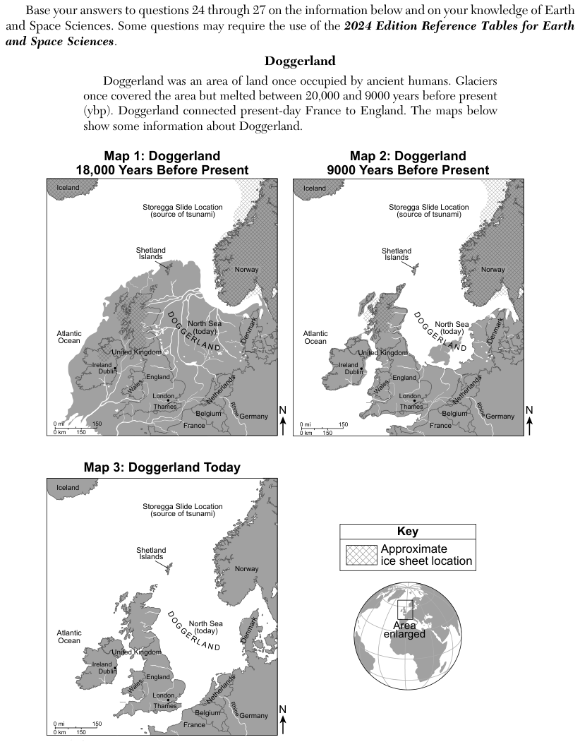 The Map of Storegga Slide shows the slide off the coast of Norway, with dots at coastal sites in Norway, the Faroe Islands, the Shetland Islands and Scotland. A bar graph beside the map gives Tsunami Height Above Sea Level in meters for each site, on a scale from 0 to 20. The bars read about 20 meters at Shetland, about 14 meters at Faroe, about 6 meters at Bjugn, about 5 meters at Lyngen and about 3 meters at Hommelstø. The question table has four rows completing a passage with a process type (A), a process (B), a location (C) and a wave height (D).