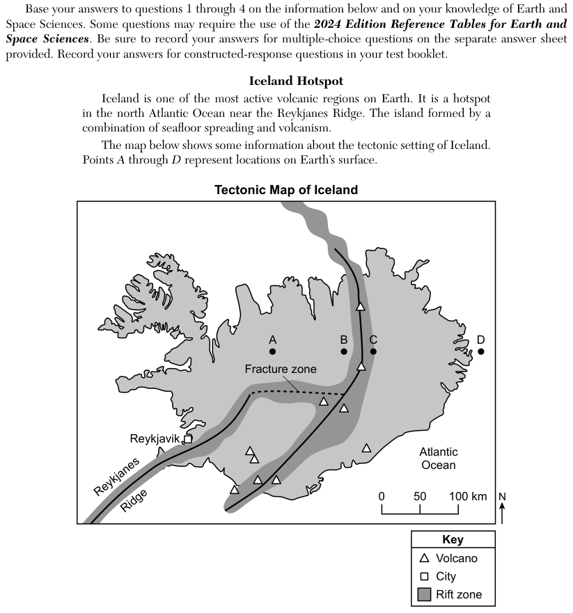 The passage says Iceland is a hotspot in the north Atlantic Ocean near the Reykjanes Ridge, and that the island formed by a combination of seafloor spreading and volcanism. The Tectonic Map of Iceland shows a shaded rift zone running from the Reykjanes Ridge in the southwest across the island to the north, with volcanoes, the city of Reykjavik, a fracture zone, points A to D and a scale of 0 to 100 kilometers (km). The map prints no spreading rates. The four choices compare Iceland's spreading rate with the Southeast Indian Ocean Ridge, the East Pacific Rise, the boundary between the Cocos Plate and the Nazca Plate, and the Southwest Indian Ocean Ridge.