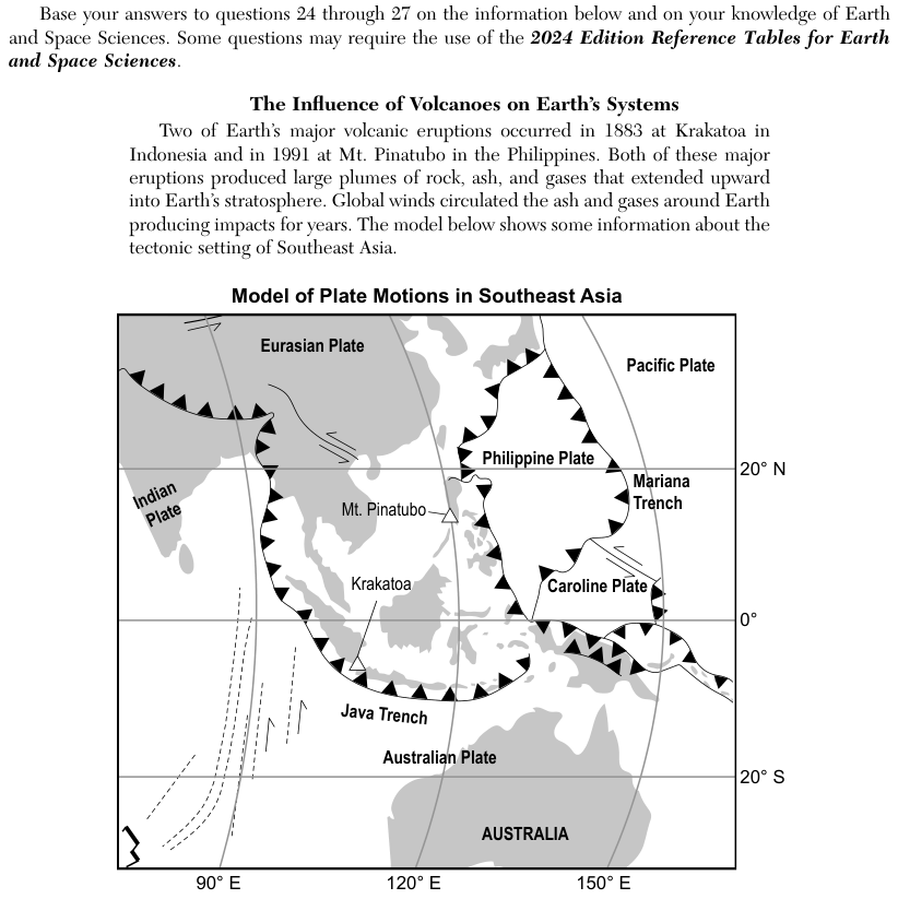 The passage says the Mount Merapi hazard maps show areas of possible impact from pyroclastic flows (fast-moving hot ash and gas). Zone I has a lower probability of being impacted and Zone III the highest. Two maps, dated 2002 and 2011, show Mt. Merapi with circles of 10 kilometers (km) and 15 km radius around it, and the towns Selo, Ngargomula, Kaliurang, Muntilan, Sleman, Bronggang and Bimomartani. Shaded Zones I, II and III spread mostly to the west and south of the volcano along valleys; Muntilan lies outside the 15 km circle, and on the 2011 map a shaded zone reaches farther south, to Bronggang. The question lists five statements, and each choice names three of them.