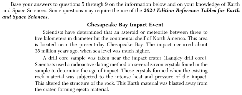 A four-stage model, Progression of Chesapeake Bay Impact Event, shows cross sections of the continental shelf, depth 0 to 2 kilometers (km), west to east. Stage 1, Pre-impact Location and Rock Structure: deposits of ancient marine sediments and Cretaceous sediments over crystalline basement rocks (granite), sea level about 40 million years ago. Stage 2, Layers Compress, Crater Forms, Material is Ejected: ejecta thrown upward, an excavation flow, asteroid vaporizes, melting of rock. Stage 3, Crater Modification (Collapse, Slump Blocks, and Ocean Resurge) Following Impact: sediment collapse and faulting, surface erosion, fallback ejecta, ocean flows back into crater, debris flows back and fills in crater, fallback and slump deposits. Stage 4, Post-impact Burial (Present Day): deposition of post-impact marine sediments over the crater rim and central crater.